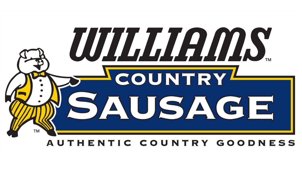 Graphic artwork for Williams Country Sausage featuring a cheerful pig character in striped overalls. The central text highlights the words Williams, Country, and Sausage in bold lettering on a blue and white banner. 
