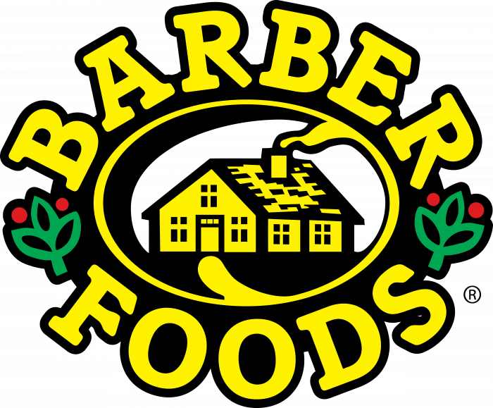 The image features the Barber Foods name in bold yellow letters surrounding a central farmhouse emblem. A stylized house with a chimney and windows sits inside a black oval with a yellow outline.